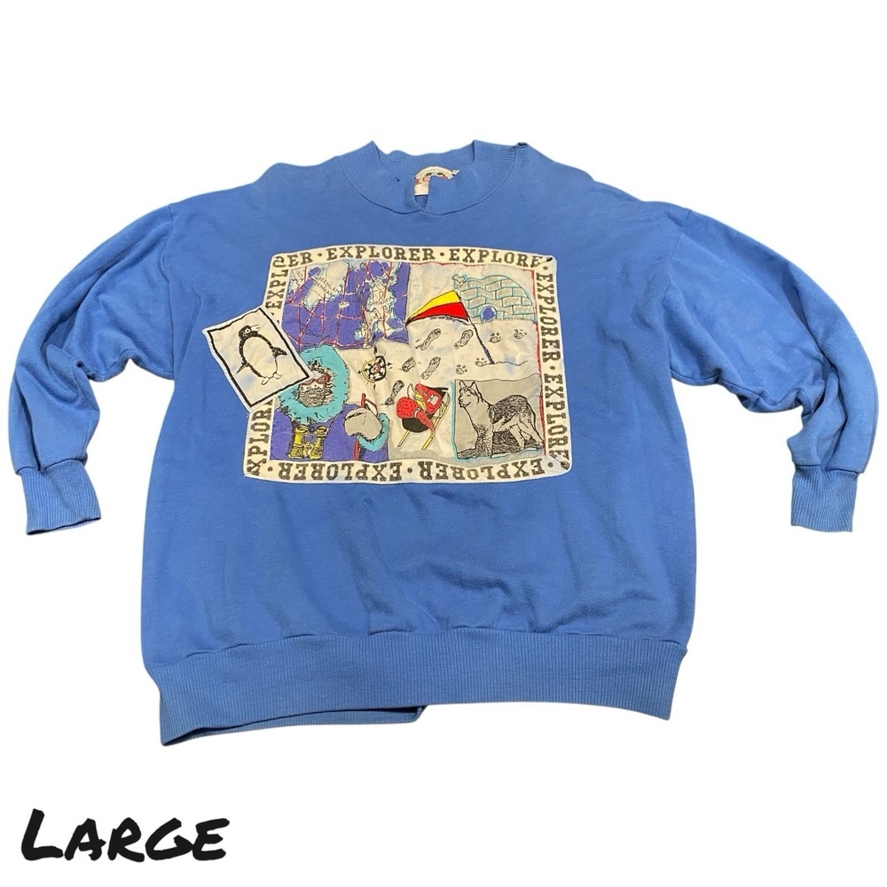 Vintage 80s Explorer Arctic Graphic Sweatshirt Extra Touch Blue Crewneck‎ LARGE